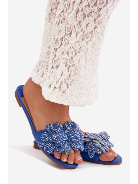 Women's Flat Blue Slides With Embellishment Grelora