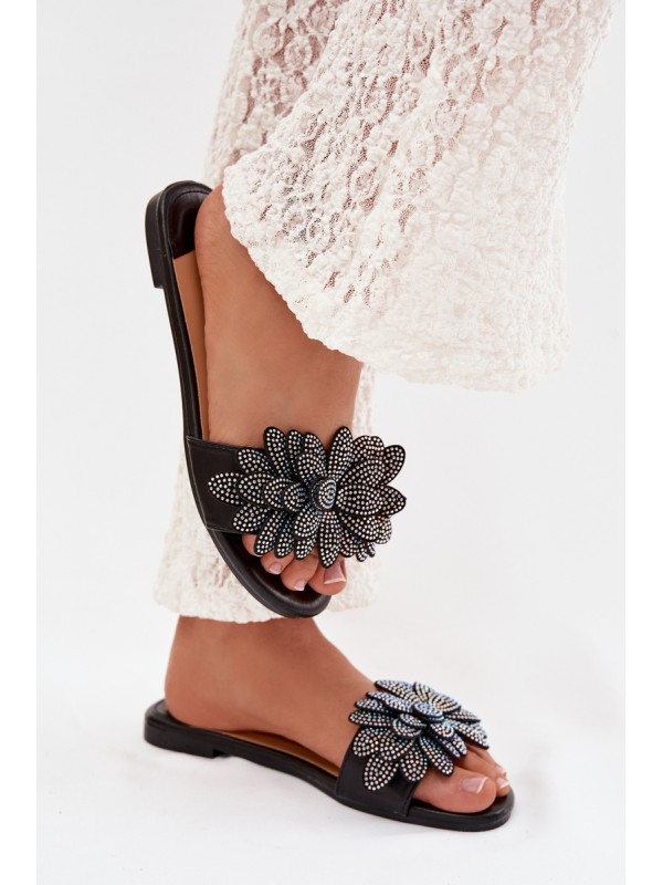 Women's Flat Decorated Black Grelora Slides