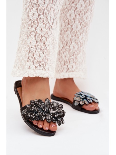 Women's Flat Decorated Black Grelora Slides