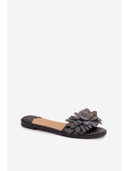 Women's Flat Decorated Black Grelora Slides