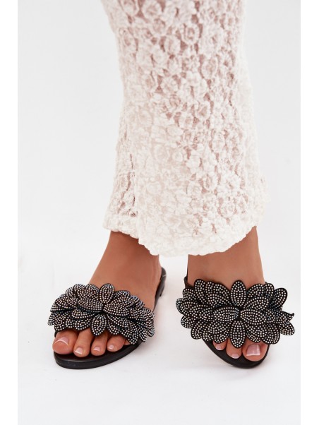 Women's Flat Decorated Black Grelora Slides