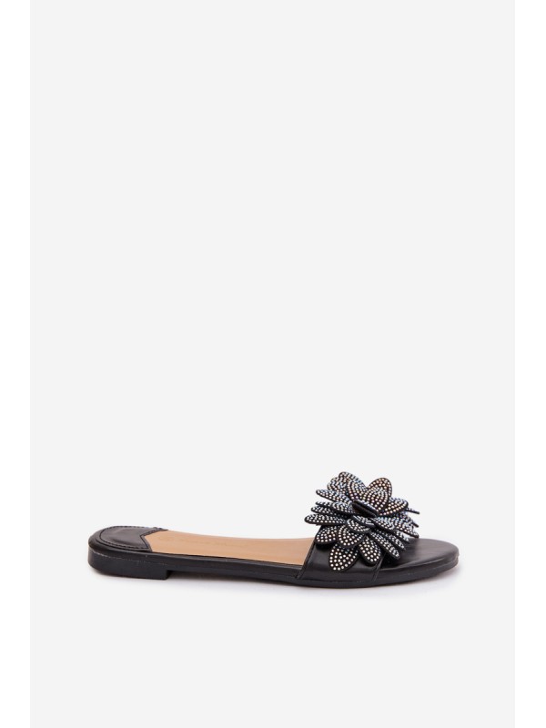 Women's Flat Decorated Black Grelora Slides