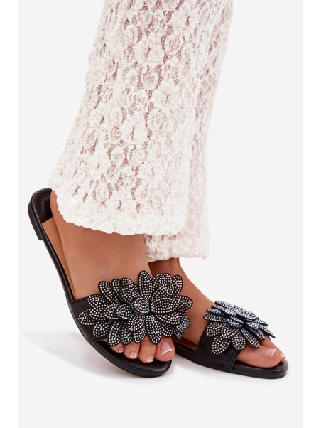 Women's Flat Decorated Black Grelora Slides