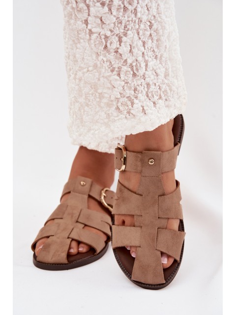 Women's Flat Sandals With Straps And Gold Buckle Beżowe Elzora 2
