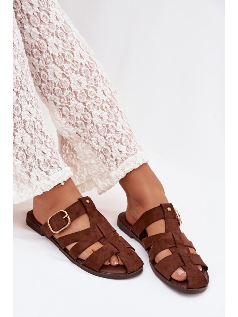 Women's Flat Sandals With Straps And Gold Buckle Beżowe Elzora
