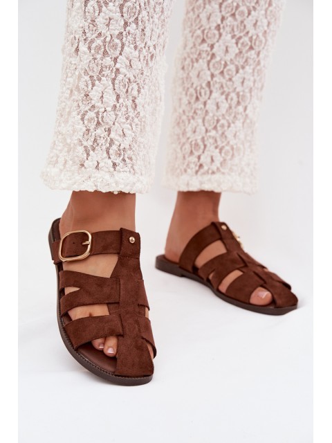 Women's Flat Sandals With Straps And Gold Buckle Beżowe Elzora 2