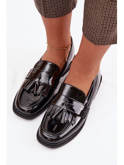 Patent Leather Women's Loafers With Fringes Black Galera
