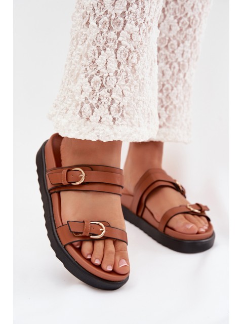 Women's Platform Sandals With Straps And Gold Buckles Camel Rirea 2