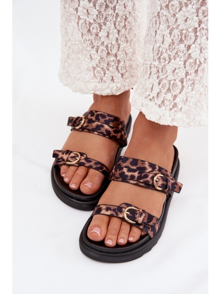 Moteriškos platforminės basutės su dirželiais ir auksiniais segtukais leopardo rašto „Rirea“