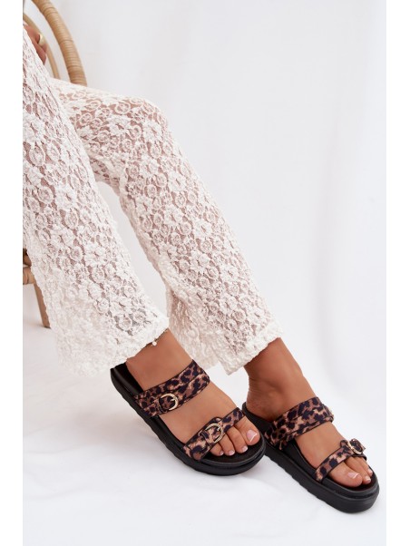 Moteriškos platforminės basutės su dirželiais ir auksiniais segtukais leopardo rašto „Rirea“