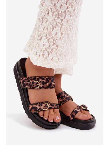 Moteriškos platforminės basutės su dirželiais ir auksiniais segtukais leopardo rašto „Rirea“