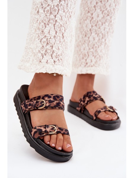 Moteriškos platforminės basutės su dirželiais ir auksiniais segtukais leopardo rašto „Rirea“