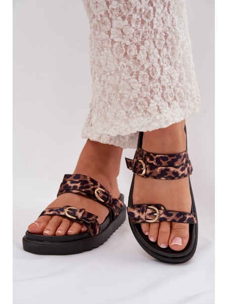 Moteriškos platforminės basutės su dirželiais ir auksiniais segtukais leopardo rašto „Rirea“