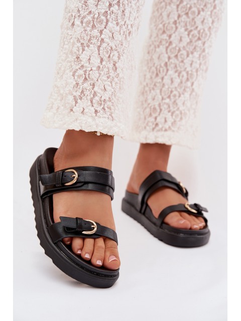 Women's Platform Sandals With Straps and Gold Buckles Black Rirea
