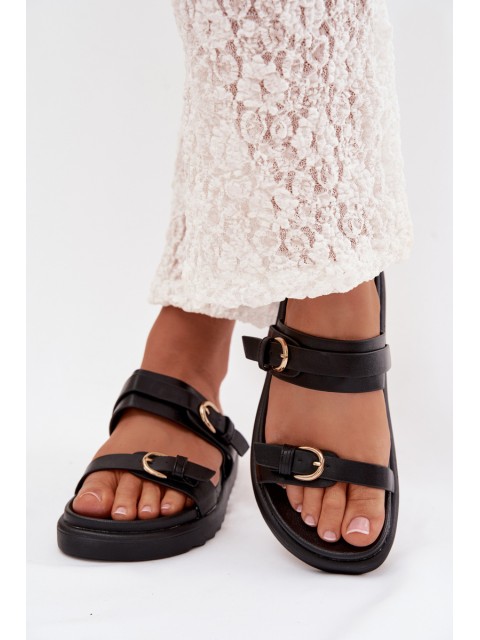 Women's Platform Sandals With Straps and Gold Buckles Black Rirea 2