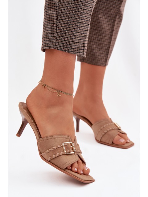 Women's High Heel Sandals With Strap And Gold Buckle Dark Beige Jelira