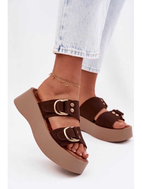 Women's Platform Sandals With Gold Buckles Chocolate Nelirae
