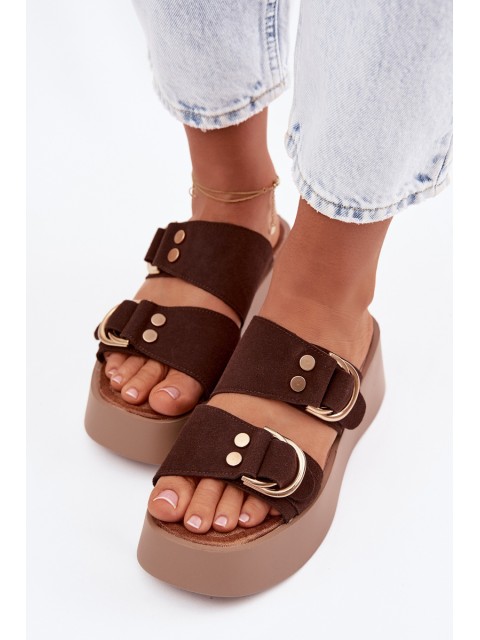 Women's Platform Sandals With Gold Buckles Chocolate Nelirae 2