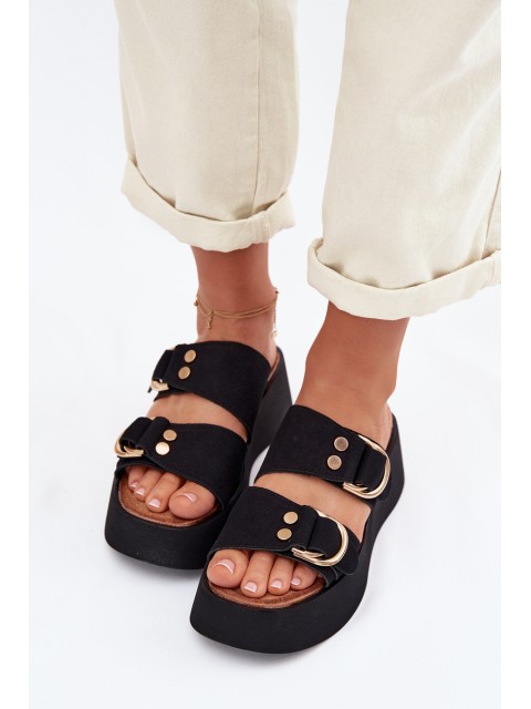Women's Platform Sandals With Gold Buckles Black Nelirae