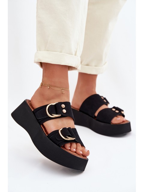 Women's Platform Sandals With Gold Buckles Black Nelirae 2