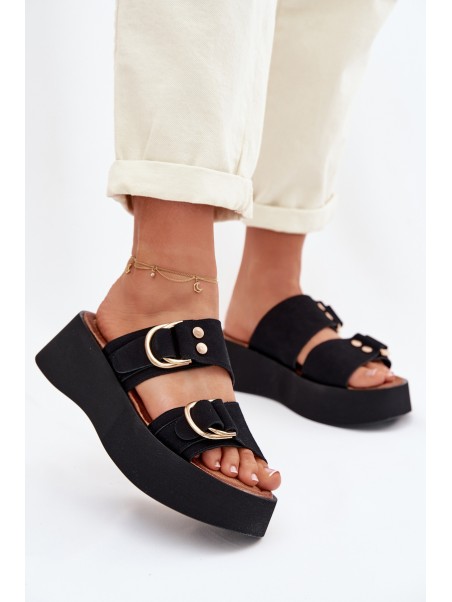 Moteriškos platforminės basutės su auksinėmis sagtimis juodos Nelirae