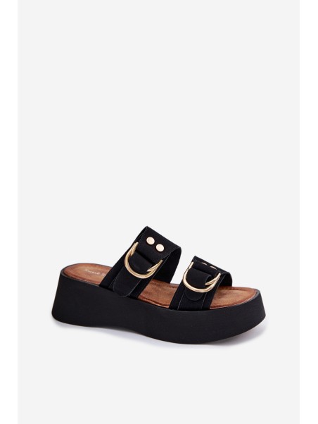 Moteriškos platforminės basutės su auksinėmis sagtimis juodos Nelirae