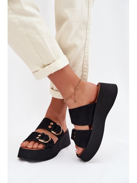 Moteriškos platforminės basutės su auksinėmis sagtimis juodos Nelirae