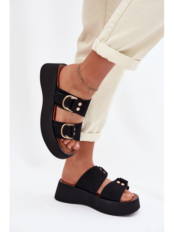 Moteriškos platforminės basutės su auksinėmis sagtimis juodos Nelirae