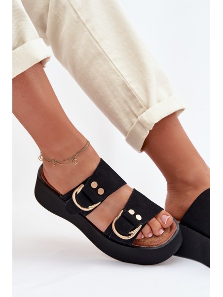 Moteriškos platforminės basutės su auksinėmis sagtimis juodos Nelirae