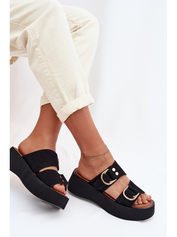 Moteriškos platforminės basutės su auksinėmis sagtimis juodos Nelirae