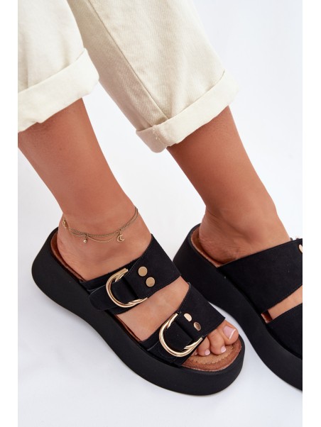 Moteriškos platforminės basutės su auksinėmis sagtimis juodos Nelirae