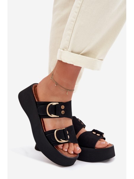 Moteriškos platforminės basutės su auksinėmis sagtimis juodos Nelirae