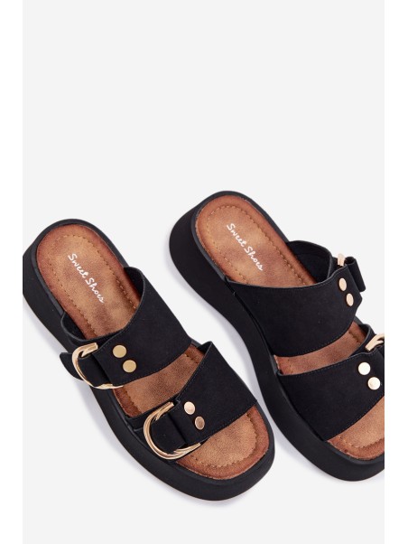 Moteriškos platforminės basutės su auksinėmis sagtimis juodos Nelirae