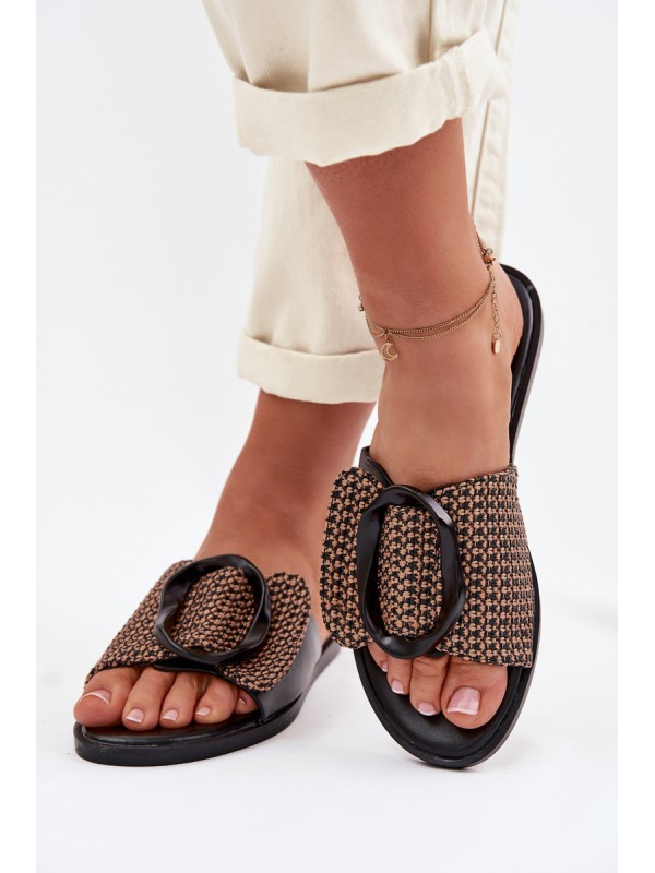 Women's Flat Black Jamira Slides With Decorative Buckle