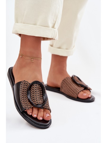 Women's Flat Black Jamira Slides With Decorative Buckle