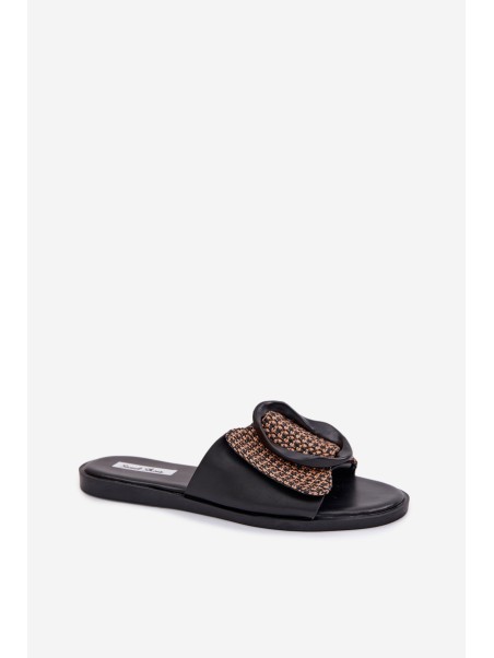 Women's Flat Black Jamira Slides With Decorative Buckle
