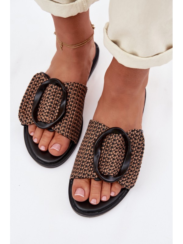 Women's Flat Black Jamira Slides With Decorative Buckle