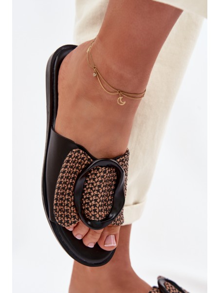 Women's Flat Black Jamira Slides With Decorative Buckle
