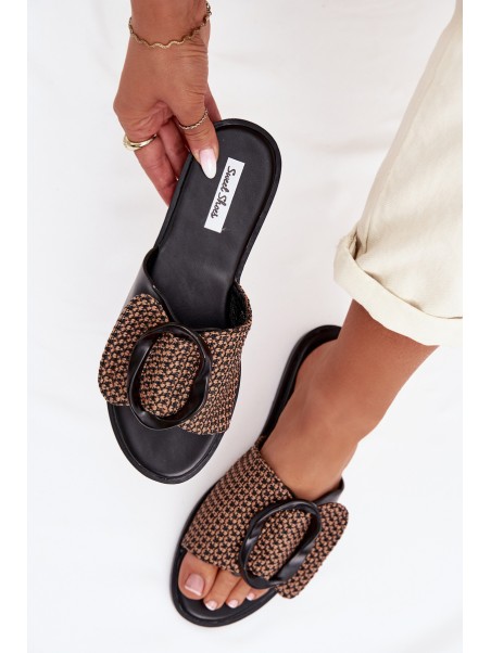 Women's Flat Black Jamira Slides With Decorative Buckle