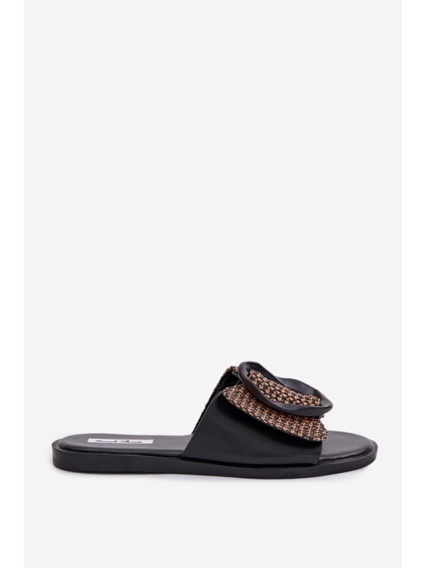Women's Flat Black Jamira Slides With Decorative Buckle