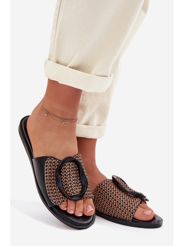 Women's Flat Black Jamira Slides With Decorative Buckle