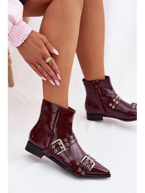 Patent Leather Women's Flat Heel Ankle Boots With Straps And Buckles Bordeaux Hamira