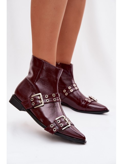 Patent Leather Women's Flat Heel Ankle Boots With Straps And Buckles Bordeaux Hamira 2