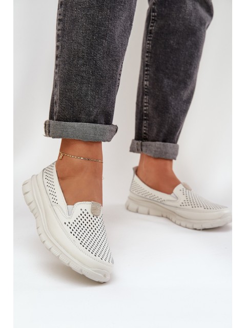 Lightweight Leather Perforated Women's Moccasins On Platform White Tanelora