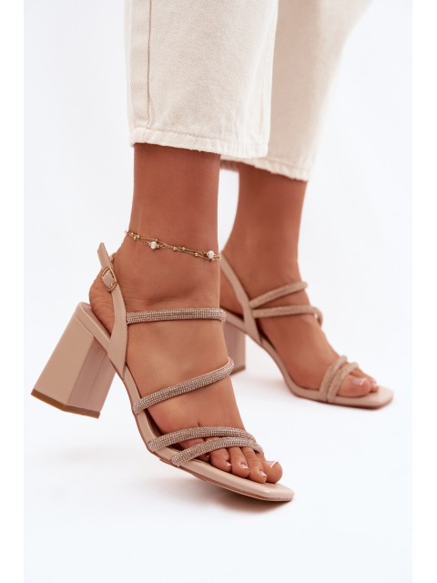Women's Block Heel Sandals With Straps and Rhinestones Beige Brelia