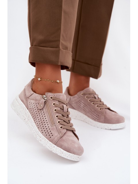 Women's Suede Loafers With Zipper Beige Cemela