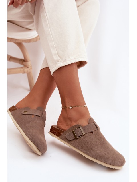 Women's Chodaki Slippers From Natural Suede Vinceza 101332 Dark Beige