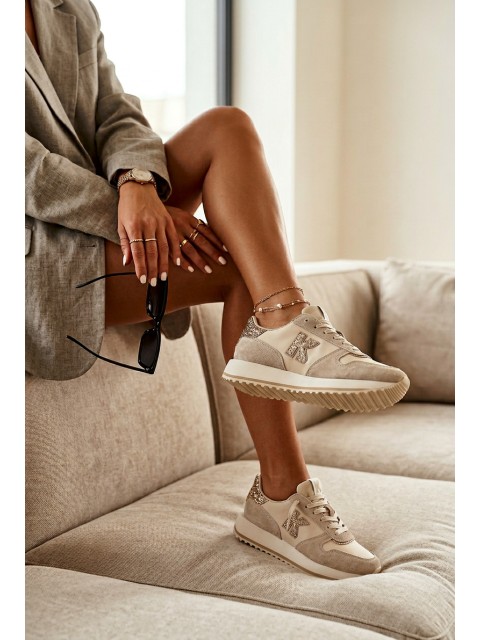 Leather Suede Women's Sneakers On Platform Kobbo 100103 Beige