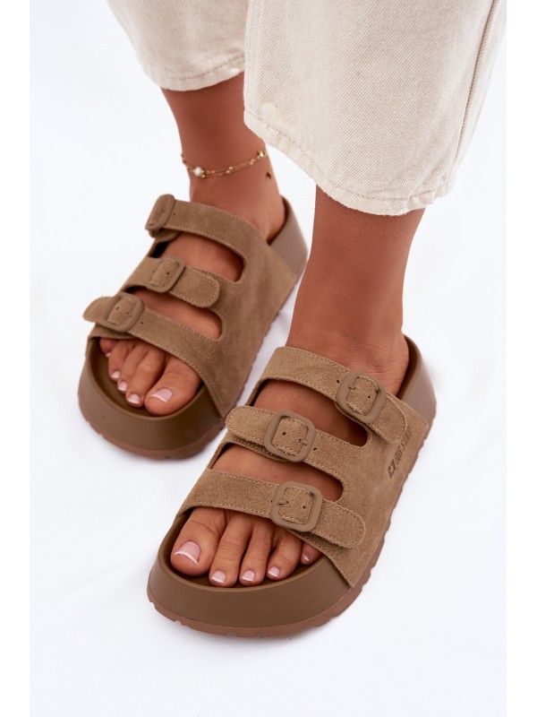 Moteriškos storos platforminės basutės su dirželiais „Big Star“ TT274530 Camel spalvos