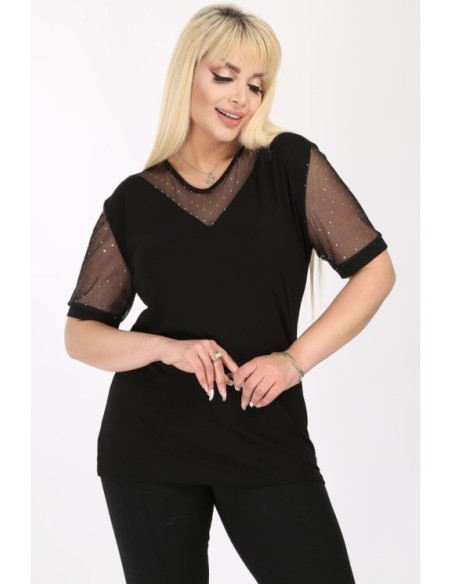 Elegantiška juoda palaidinė su nėrinių rankovėmis ❤️ Drabužiai moterims